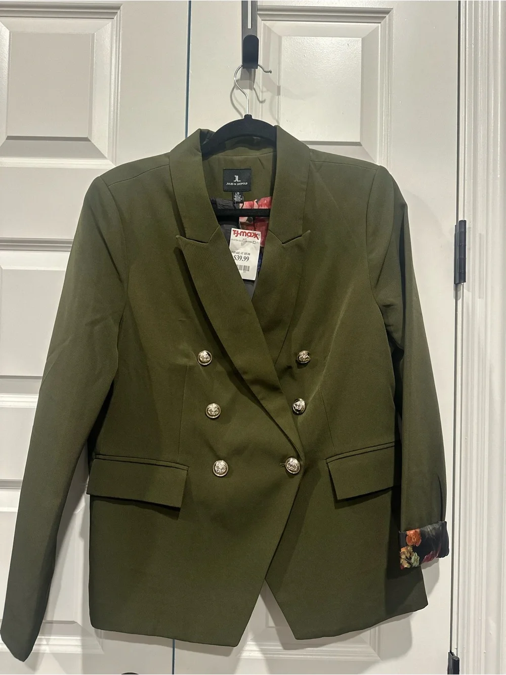 Jules & Leopold Olive Green Double-Breasted Blazer with Gold Buttons